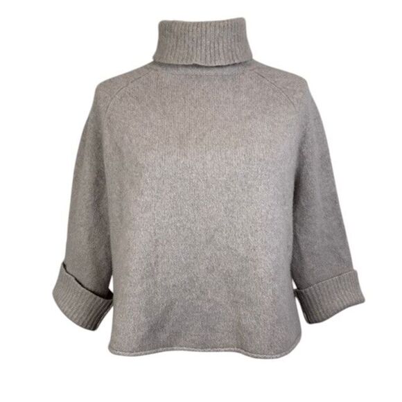 360 Cashmere Women's Boxy Crop Fit Tan Sweater 3/4 Sleeve Turtleneck Size Small - Picture 1 of 9